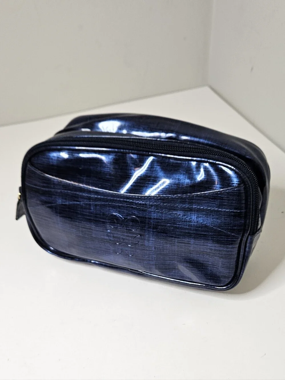Guerlain Vinyl Cosmetic Bag Blue Glossy Exterior Bifold Zipper Pockets Orange